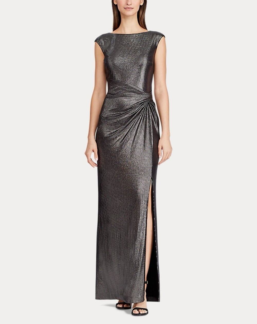 NWT Womens Velvet Fleur Size 12 Metallic Ruched Dress Zip Leg Slit Shoulder Pads